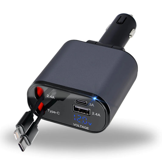 Premium Retractable Car Charger | 4 in 1 Fast Car Phone Charger 120W | Retractable Cables and USB Car Charger | Compatible with iPhone 15/14/13/12/11 Galaxy Pixel | Car Accessories | iPhone Car Charger